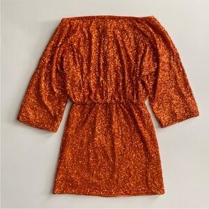 Never Fully Dressed Orange Sequin Tilly Off The Shoulder Long Sleeve Mini Dress